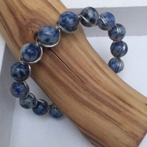 Handcrafted Blue Sodalite Gemstone Bead Silver Tone Wire Wrapped Bracelet